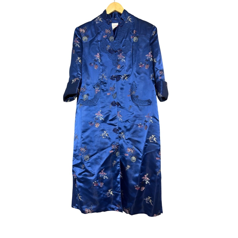 Vintage Peony Shanghai China Robe Lined Women 38 Blue Embroidered Flower